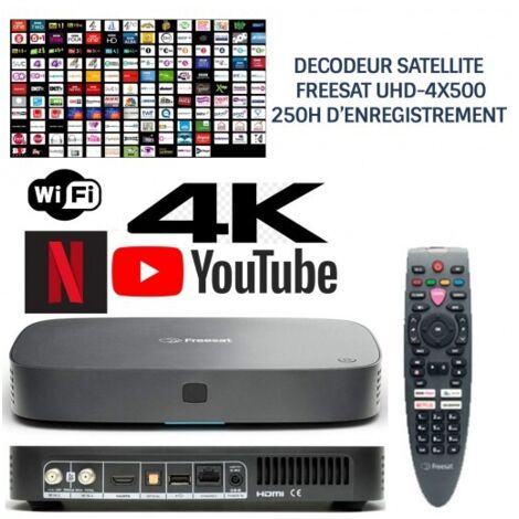 Décodeur satellite HD 4K UHD-4X500 – 200 chaînes anglaises dont 13 HD – Enregistrement 250h – PVR avec 4 enregistrements simultanés