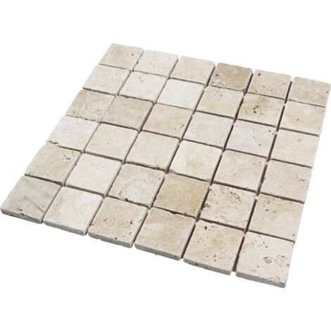 Decoon – Mosaïque travertin beige 4,8 x 4,8 cm – Surface couverte 11 plaques/m² – Pour murs et crédences – Aspect pierre vieillie