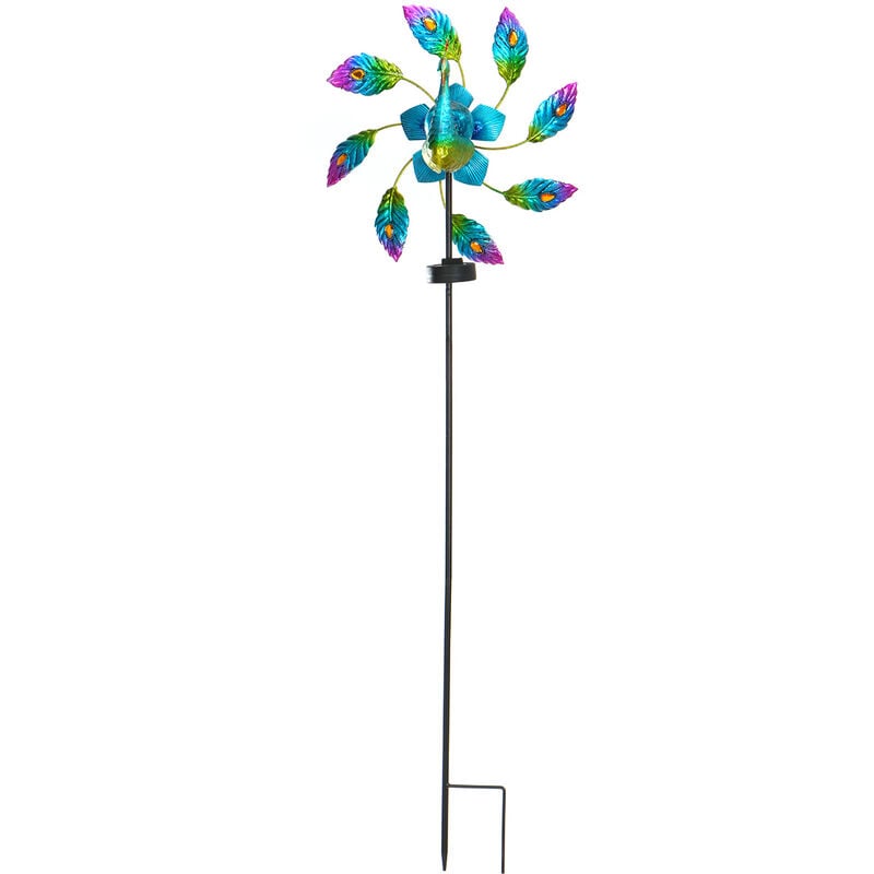 Drillpro - Décor de jardin en fer forgé peint paon lumière solaire moulin à vent bleu brillant paon ornement jardinage Statue décorative