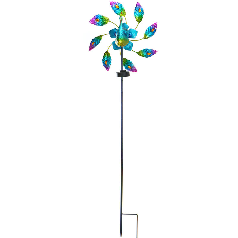 Maerex - Décor de jardin en fer forgé peint paon lumière solaire moulin à vent bleu brillant paon ornement jardinage Statue décorative
