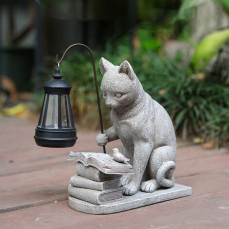 Décor de jardin en résine [Lanterne solaire chat] Statue de chat [patio] luminaire solaire [design pierre]