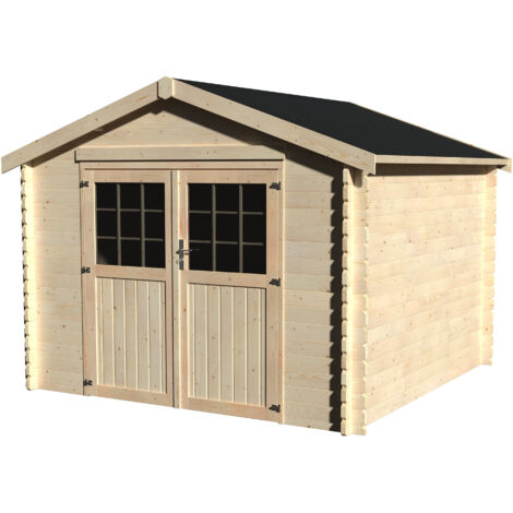 Décor Et Jardin – Abri de jardin bois 298x298 cm – Surface utile 7,42 m² – Madriers 34 mm – Toiture ESB avec feutre bitumeux – Couleur naturelle