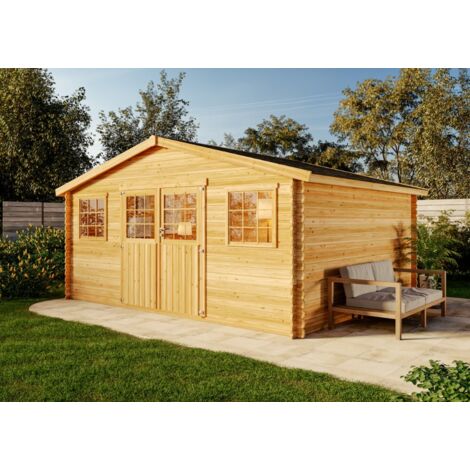 Décor Et Jardin – Abri de jardin bois 478x398 cm – Surface utile 16,85 m² – Épaisseur madriers 28 mm – Double porte vitrée – Toiture en feutre bitumeux