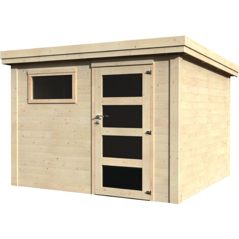 Décor Et Jardin – Abri de jardin en bois 277x277cm – Surface utile 7,24 m² – Madriers 28 mm – Toiture ESB avec feutre bitumeux – Porte simple vitrée