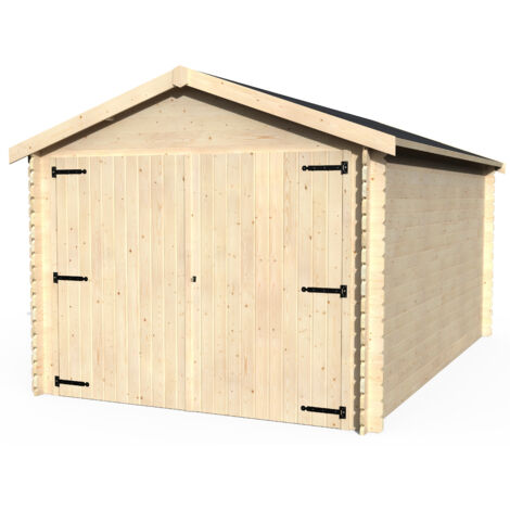 Décor Et Jardin – Garage en bois 298x478cm – Surface utile 12,29m² – Épaisseur madriers 28mm – Toiture en feutre bitumé – Double porte avec serrure