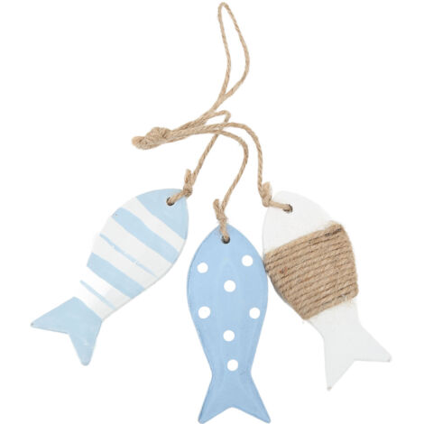 Décor marin en bois : 3 poissons sculptés style antique, suspension nautique en pin, motif ondulations blanches