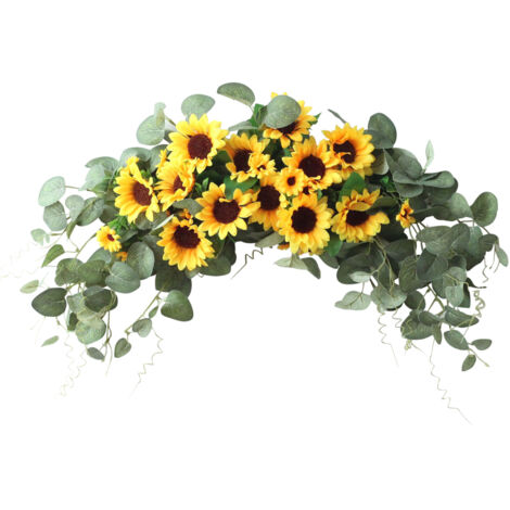 Décor mural décoratif artificiel Sunflower Swag Lot 1 fleurs de tournesol éucalyptus Silk Cloth 75×25cm vibrant et sans entretien