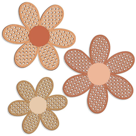 Décor mural floral bois naturel - Ensemble de 3 marguerites bohème pour décoration ferme ou mur végétal