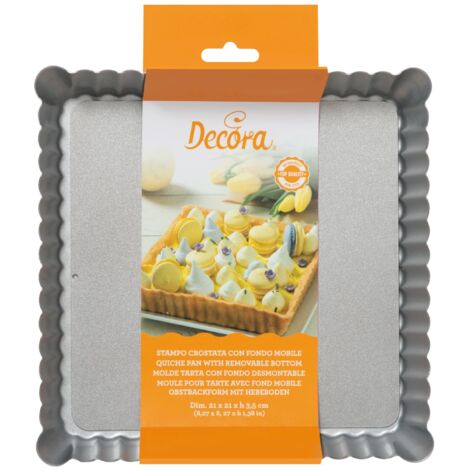 DECORA, 0070025 Stampo per Crostata di dimensioni 21 x 21 x 3,5 h cm, con Fondo Mobile in Acciaio Antiaderente, Quadrata, Rende facile Sformare i Dolci, Design Professionale