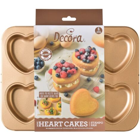 Decora, 0070110 Stampo Gold Line Tortine Cuore, 12 Cavità a forma di Cuore Ø 9,5 cm, Ideale per Preparare delle Graziose Tortine, In Acciaio Antiaderente