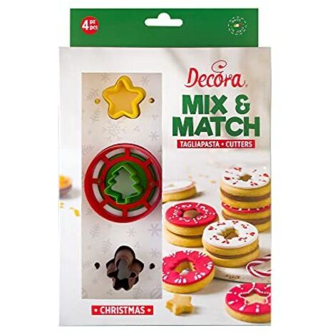Decora 0255044 Set 4 Tagliapasta Occhio Di Bue Natale, In Plastica, Il Kit Ideale per Creare Decorazioni in Pasta di Zucchero o di Gomma, Made in Italy, Design originale. Confezione da 4 pezzi.