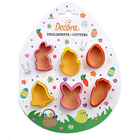 Decora 0255059 Set 6 Tagliapasta Mini Pasqua In Plastica, Il Kit Ideale per Creare Decorazioni in Pasta di Zucchero o di Gomma, Made in Italy, Design originale. Confezione da 6 pezzi.