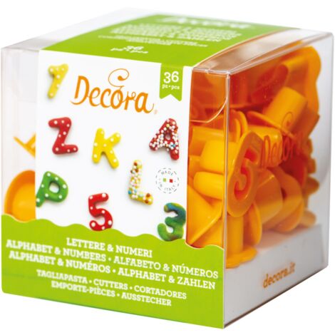 Decora 0255084 Set 36 Tagliapasta Lettere e Numeri Piccoli, Il Kit Ideale per Creare Decorazioni in Pasta di Zucchero o di Gomma, Made in Italy, Confezione da 36 pezzi.
