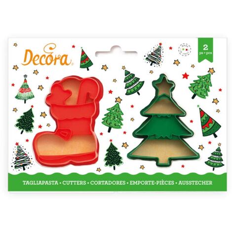 Decora 0255096 Set 2 Tagliapasta Albero Natale E Scarpone In Plastica, Il Kit Ideale per Creare Decorazioni in Pasta di Zucchero o di Gomma, Made in Italy, Design originale. Confezione da 2 pezzi.