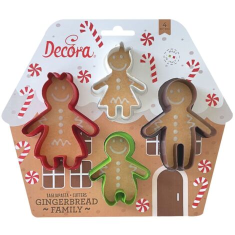 Decora 0255245 Set 4 Tagliapasta Gingerbread Family, In Plastica, Il Kit Ideale per Creare Decorazioni in Pasta di Zucchero o di Gomma, Made in Italy, Design originale. Confezione da 4 pezzi.