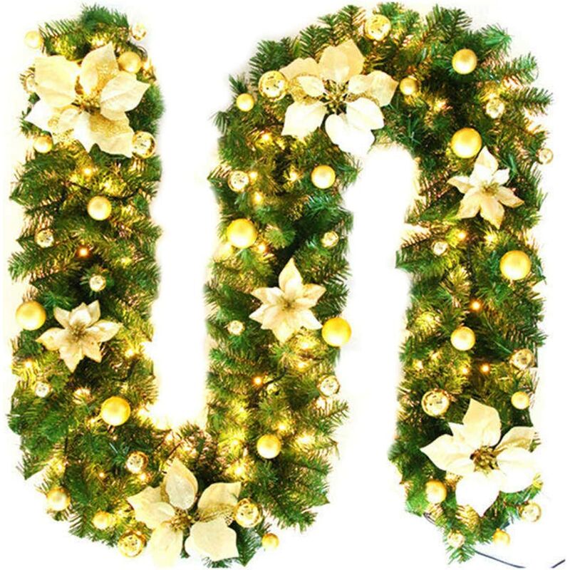 

Decoración de guirnalda navideña con luces, plantas de vid artificial de ratán navideño con flores y adornos de bolas, corona navideña para interior