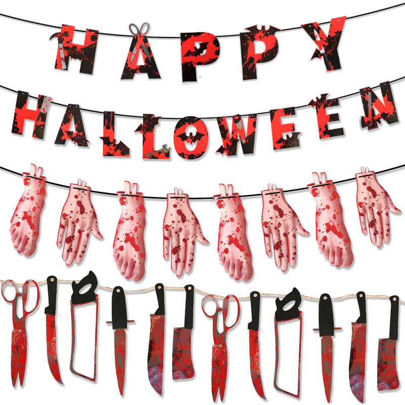 

Decoración de Halloween, cuchillo de sangre y pancarta de pie ensangrentado Mano sangrienta, tirar de la bandera cuchillo de sangre papel de carta