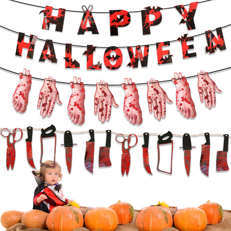 

Decoración de Halloween Feliz Halloween Banner Deco Garland Knife Blood Horror Decoración Garland Knife Mantel Mesa para decoración de fiesta de