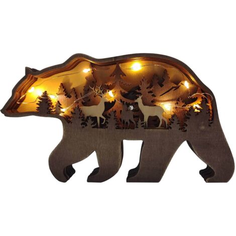 Decoración de animales de madera multicapa para pared y escritorio – 23 cm – Marrón – con lámpara LED