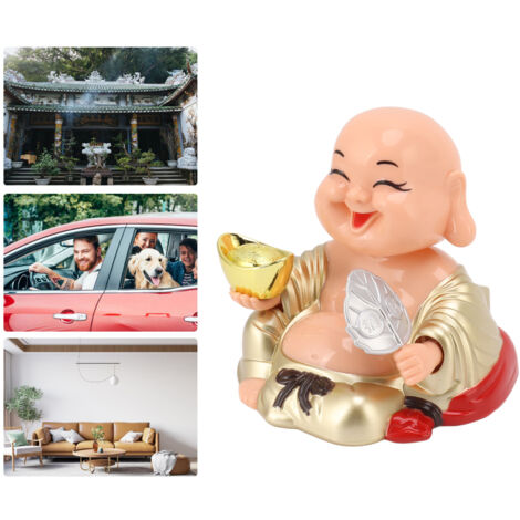 Decoración de Buda Sonriente [Decoración de Buda para el hogar y el coche] Escultura de plástico con iluminación solar automática, adecuada para la oficina, la ventana, el salpicadero, el coche, el re