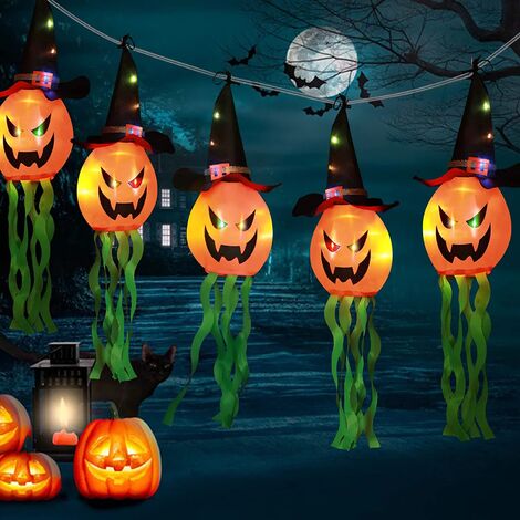 Decoración de Halloween, 11 pies, 5 luces LED de cadena de calabaza de Halloween, iluminación colgante de terror, sombrero de mago de calabaza naranja, decoración para fiestas en interiores y exterior