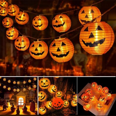 Decoración de Halloween, 20 luces LED de calabaza naranjas, funciona con pilas, cadena de 3 m, 2 modos de iluminación, impermeables, para exteriores e interiores, jardín, casa, fiesta (blanco cálido).