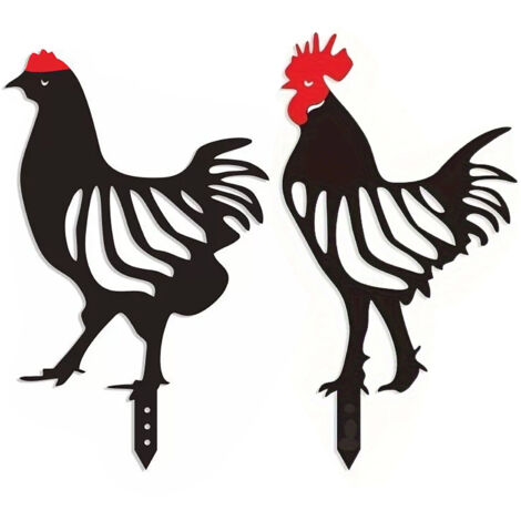 [Decoración de jardín de hierro] Gallo + Gallina – 2 siluetas creativas de metal para adornos de jardín perforados