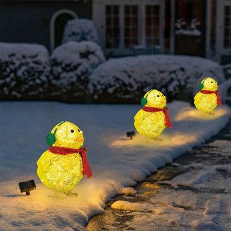 Decoración de jardín iluminada: Figura plana de pollito con bufanda. Pollito amarillo brillante con sombrero y bufanda, acrílico, para jardín, Navidad, 35 cm
