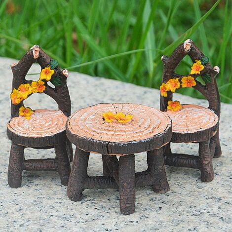 Decoración de jardín: Juego de mesa y sillas en miniatura de resina (8 piezas) para micropaisajes.
