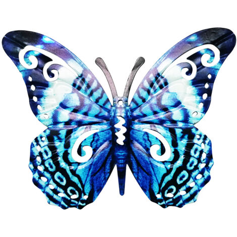 Decoración de mariposa metálica, 36 × 25 cm, multicolor (azul/verde/amarillo/morado), ideal para jardín/pared/sala de estar, como idea de regalo, 170 g
