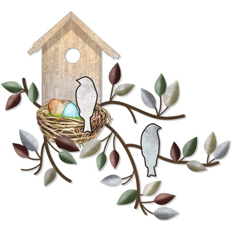 "Decoración de pared con casita pequeña y casita para pájaros, fabricada en hierro forjado de color beige, con material de montaje (2 tornillos incluidos) para jardín o patio".