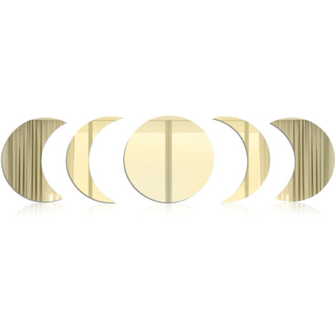 Decoración de pared con espejo acrílico, fases lunares, oro/plata, diámetro 30 cm, 13,5 x 27 cm, 7,3 x 29 cm - 5 piezas autoadhesivas