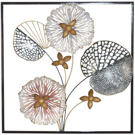 Decoración de pared con estampado de hojas y flores en metal rosa y dorado 50x5x50 cm DEC05074
