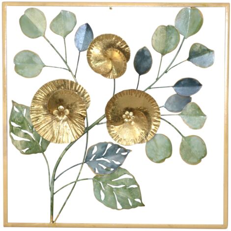 Decoración de pared con estampado de hojas y flores en metal verde y dorado 50x5x50 cm DEC05079