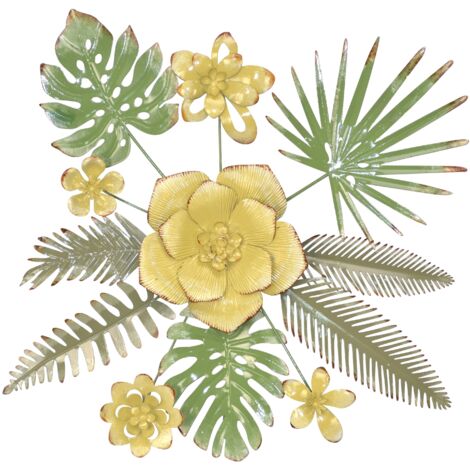 Decoración de pared con estampado de hojas y flores en metal verde y dorado 67x5x67 cm DEC05072