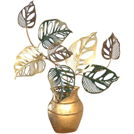 Decoración de pared con planta en maceta – Metal dorado y verde 64 x 4 x 70 cm DEC050025