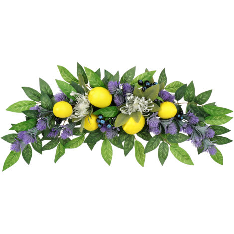Decoración de pared: Corona de plantas artificiales con lavanda y limones, fácil de cuidar, dimensiones: corona 43 cm, guirnalda 60 cm, material: tela de seda y ratán, multicolor, 1 pieza