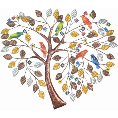 Decoración de pared de árbol en forma de corazón - Metal pintado con pájaros de colores DEC050048