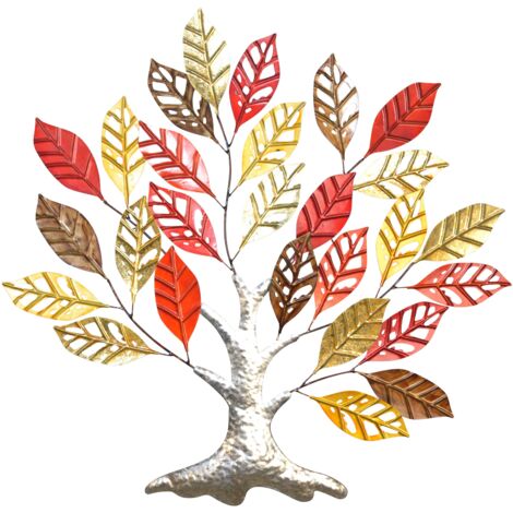 Decoración de pared de metal - Árbol frondoso rojo, marrón, dorado y plateado (acabado lacado) 89 x 4 x 86 cm DEC050047