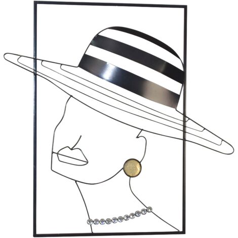 Decoración de pared en metal “Mujer con sombrero” – Negro, detalles en vidrio y espejo – 69 cm DEC050003