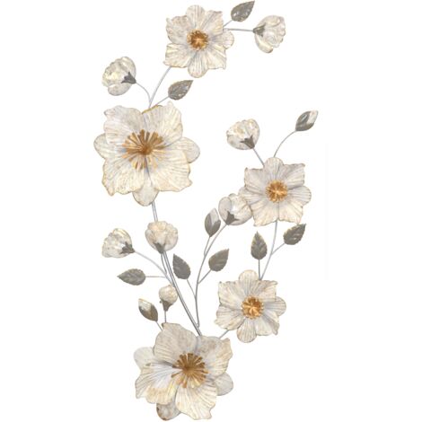 Decoración de pared en metal “Rama floreciente” – Gris, crema y dorado – 85 cm DEC050005