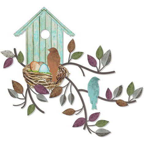 Decoración de pared en una casita para pájaros de metal azul verdoso, incluye tornillos, ideal para jardín y terraza.