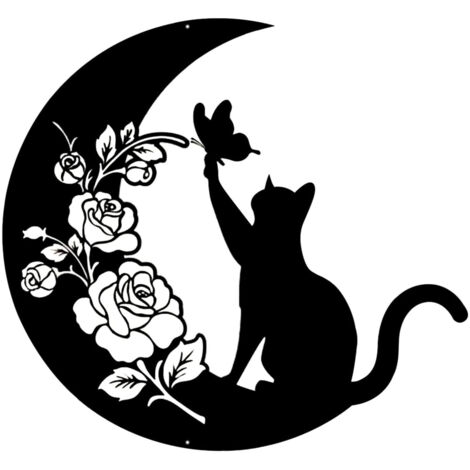 [Decoración de pared] Juego de 5 piezas: Gato negro y luna, silueta de metal, soporte de pared de hierro negro, decoración de gato para sala de estar