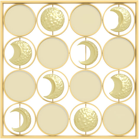 Decoración de pared metálica multidireccional con fases lunares y 16 discos dorados.