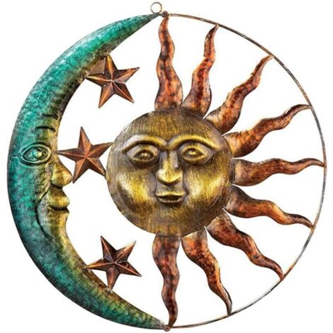 Decoración de pared metálica para interiores y exteriores, arte mural con siluetas de sol y luna, rostros y estrellas, cuerpos celestes.