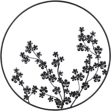 Decoración de pared moderna floral en marco metal redondo arte ⌀ 70 cm adorno pieza negro Strontium
