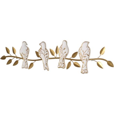 Decoración de pared “Pájaros” Encanto natural y elegante dorado MDF lacado crema antiguo y metal DEC050019