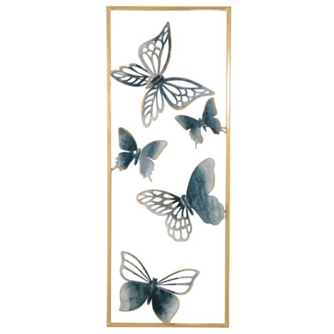 Decoración de pared para colgar patrón de mariposas metal azul/oro 28,5x4x74,5 cm DEC05081