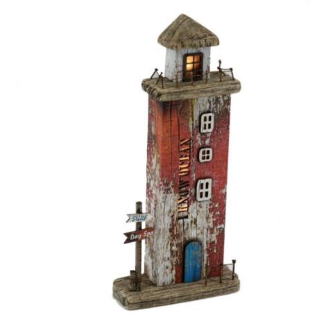 Decoración del mar Faro en madera roja con LED cm 16x6,5x34h