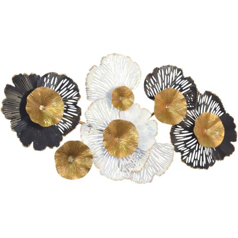 Decoración floral de pared de metal - Negro, blanco y dorado 98x6x50 cm DEC050035